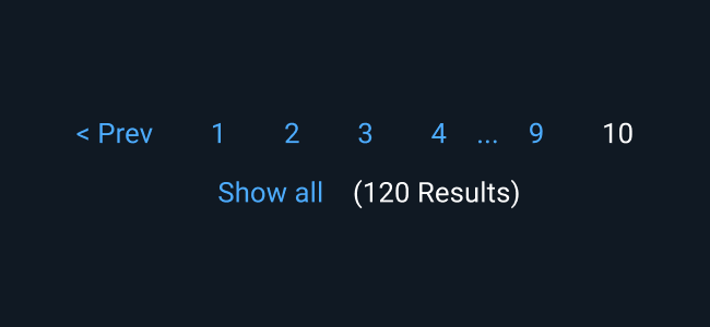 Optionally, links for “Show all” and “Number of results” may be displayed below page numbers. Links are centered below the Pagination on the same baseline.