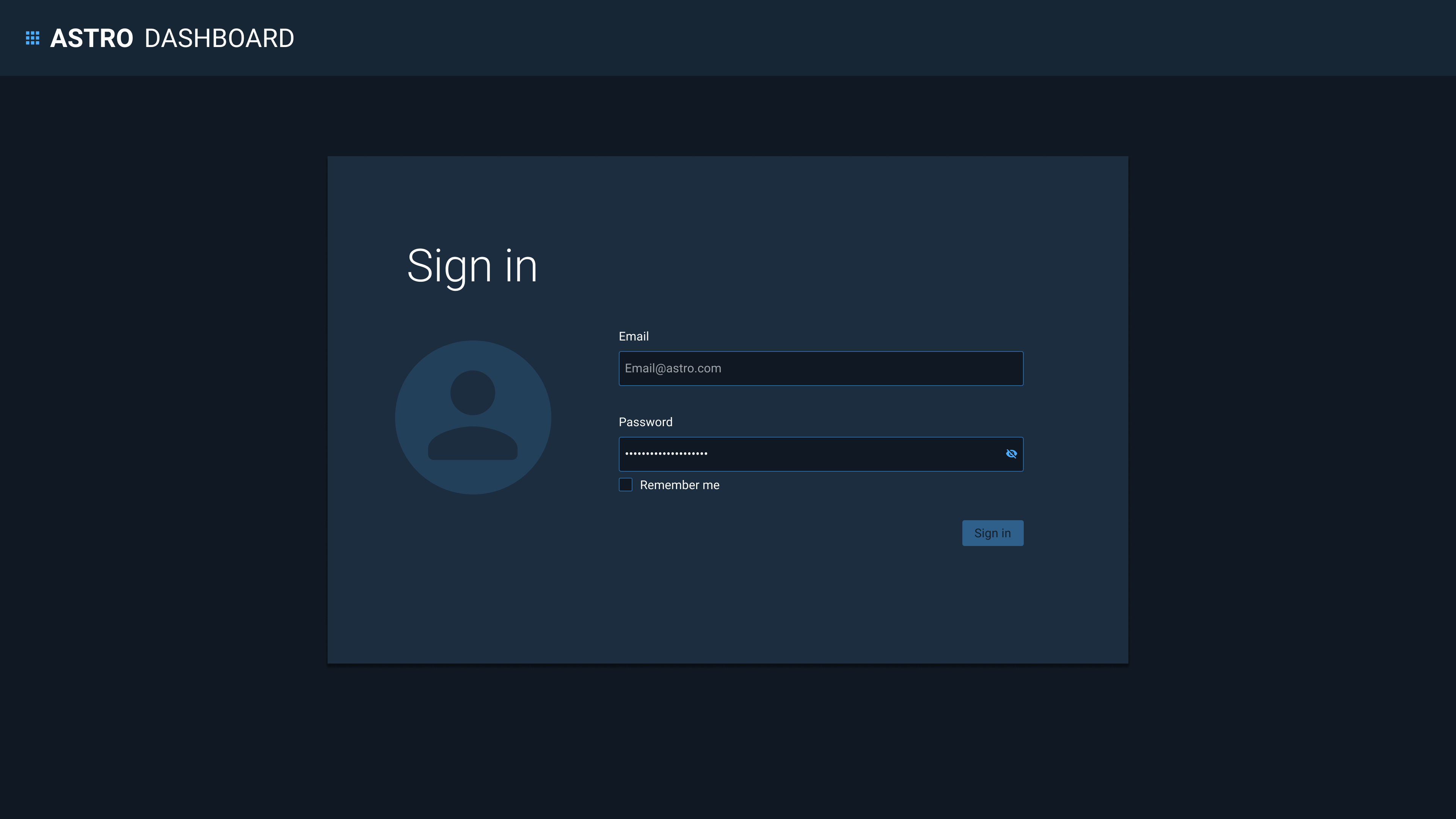 Example of a full-page, Simple Sign In screen