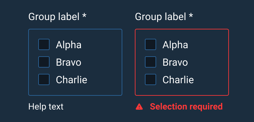 Checkboxes can be configured to require input, where at least one item in a group must be selected.